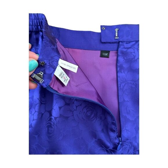 Vintage Silk Pencil Skirt Indigo Purple Lined Rose Zip Elastic Waist Women 4 - Picture 6 of 6
